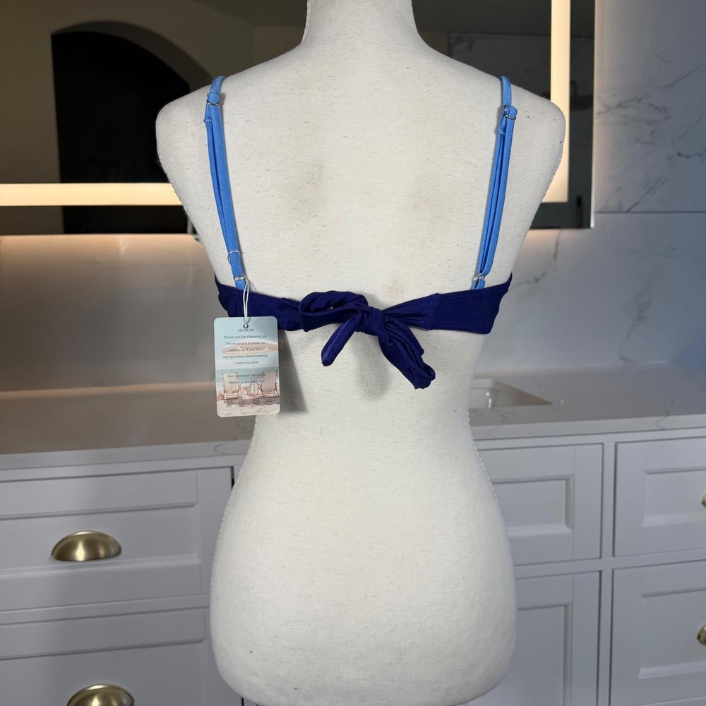 Bahomebakini Bikini Top Womens Small Blue Colorblock Bandeau Tie Back Swim NWT - Picture 5 of 14